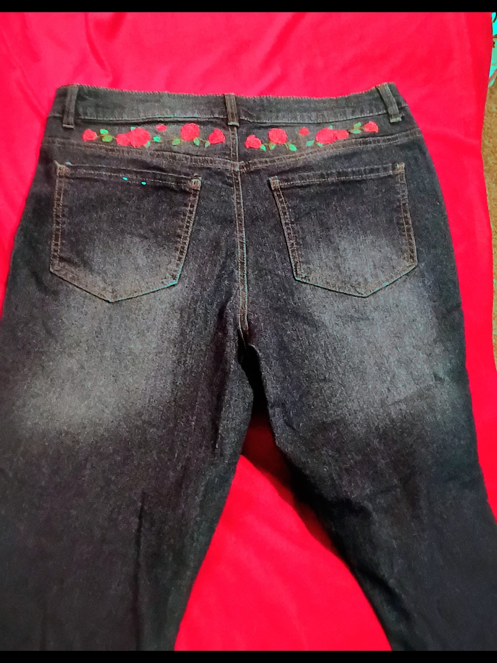 d. jeans Blue Jeans with Embroidered Red Rose Detail